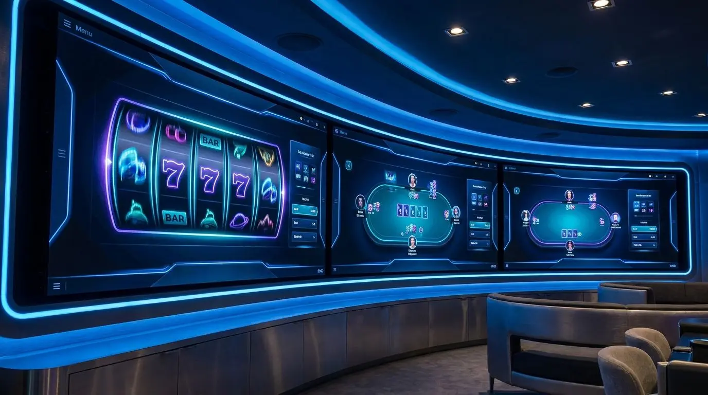 Digital gaming lobby with slot-style games and live table interface