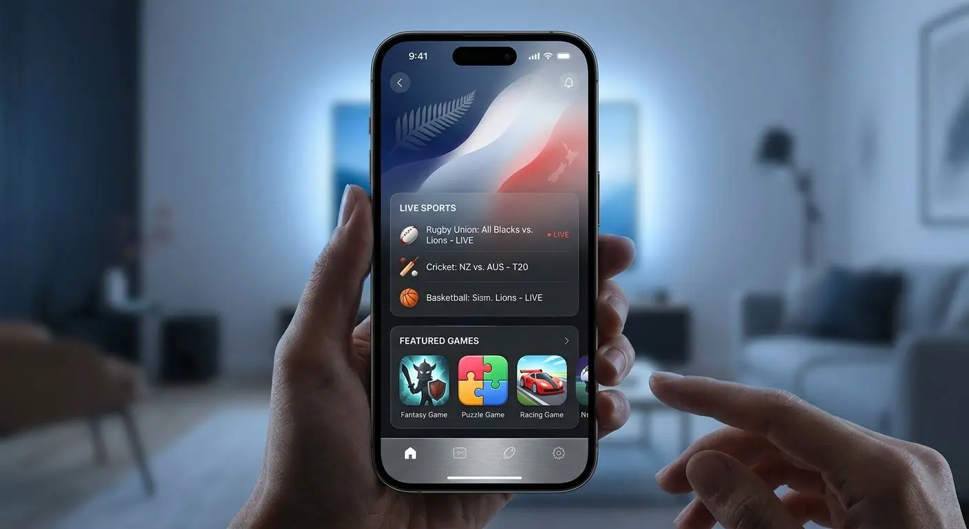 Spinbet app interface with sports listings and game icons in New Zealand themed design