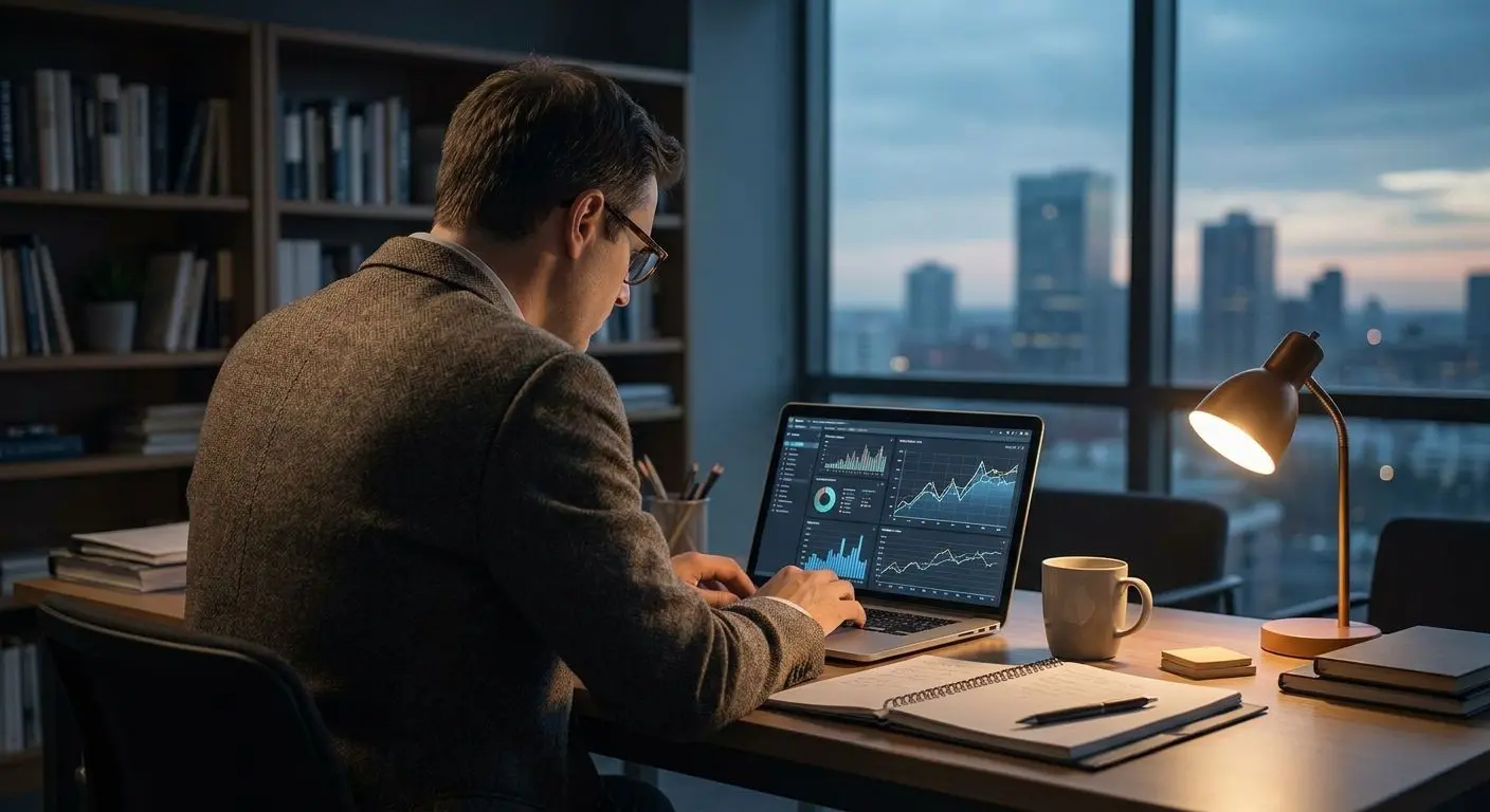 Fictional author avatar with laptop and analytics workspace