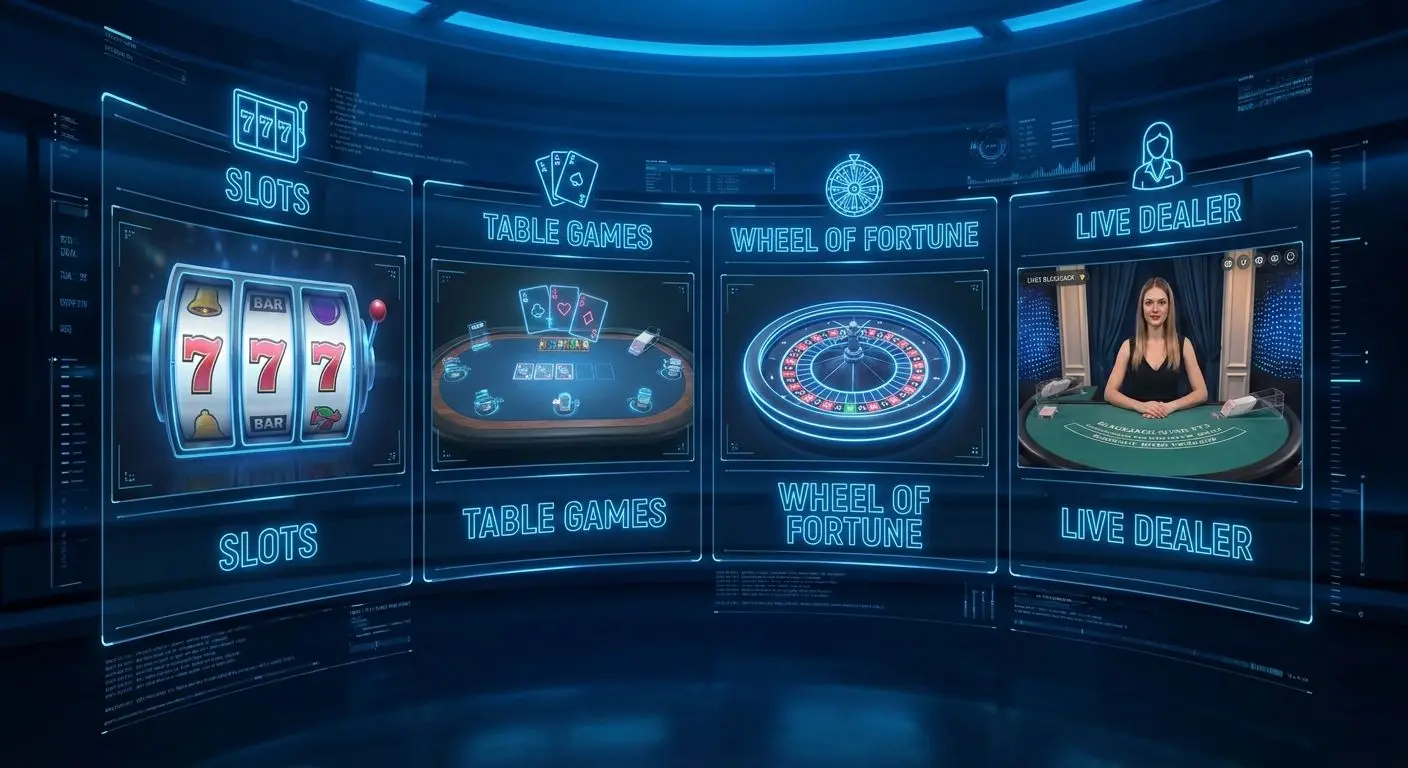 Game lobby collage with slots, live tables and card game categories