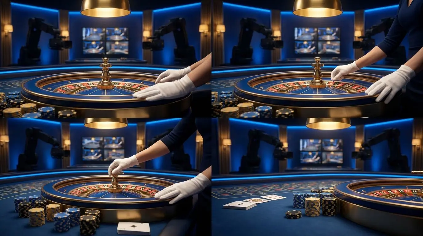 Live table setup with roulette, cards and studio stream view