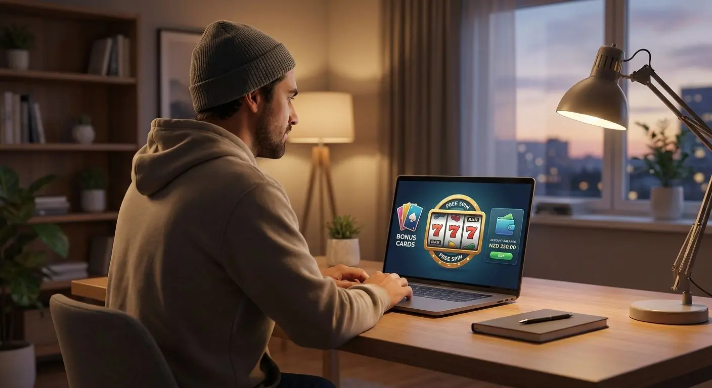 NZ player browsing a Spinbet bonus page on a laptop