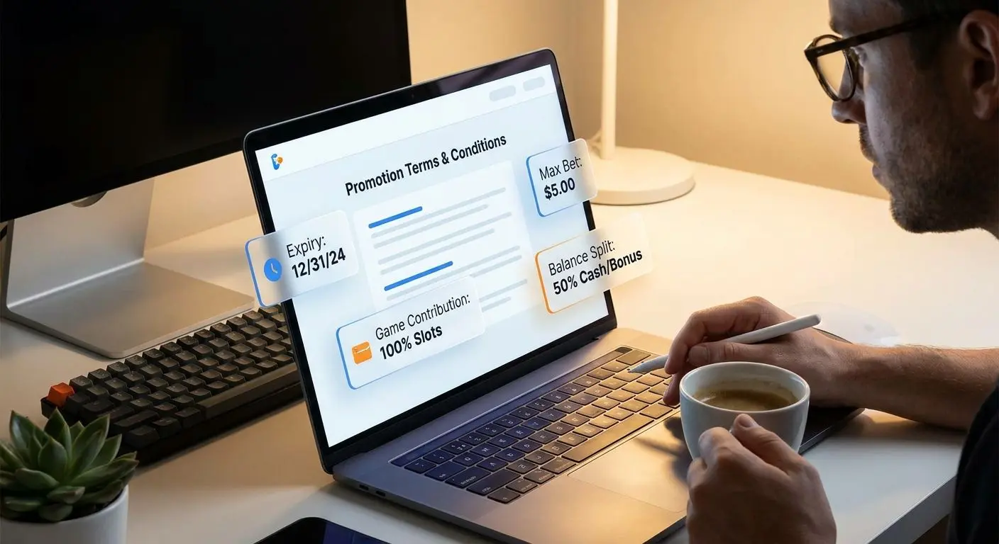 User reviewing bonus terms on screen with highlighted conditions