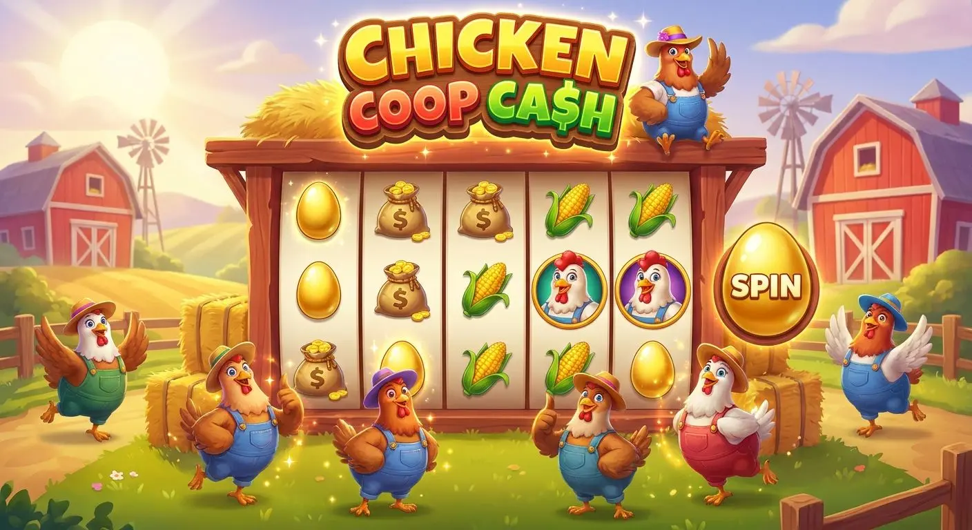 Chicken Rush farm-themed slot scene with hens and coin bags