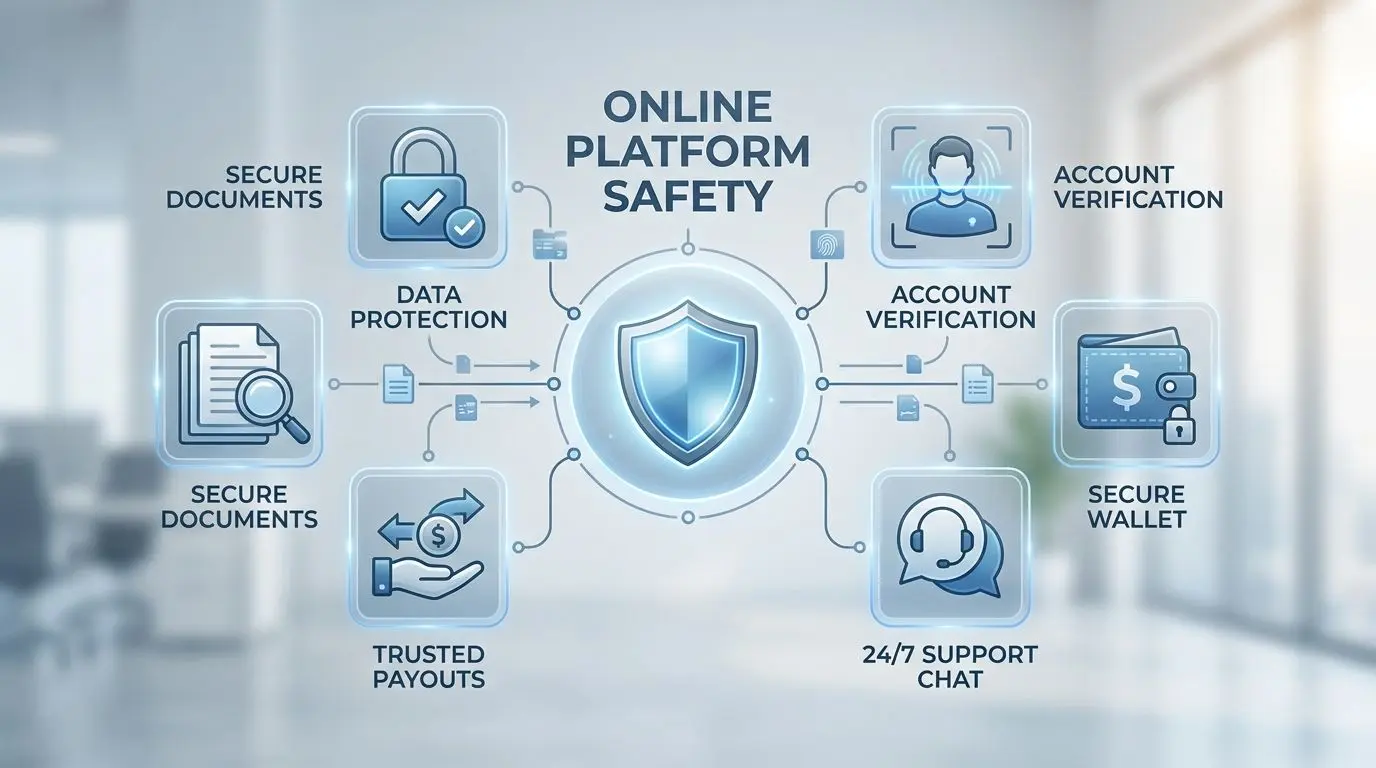 Online platform safety checks with documents, lock, payouts and support icons