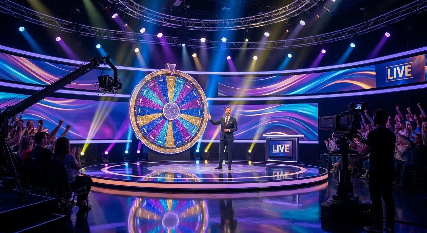 Live game show studio with host and large wheel