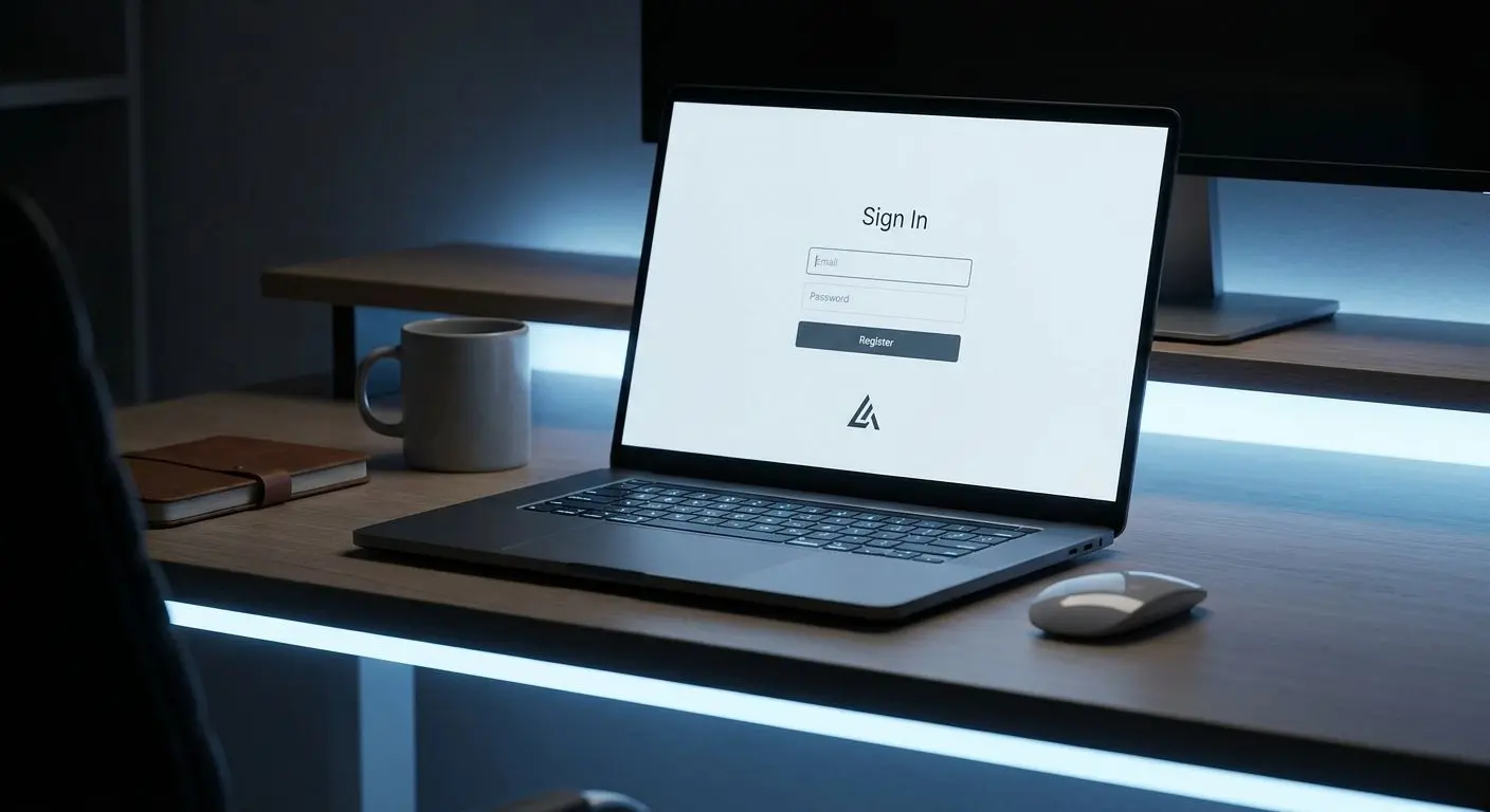 SpinBet login form on laptop Laptop showing a simple account login and registration form
