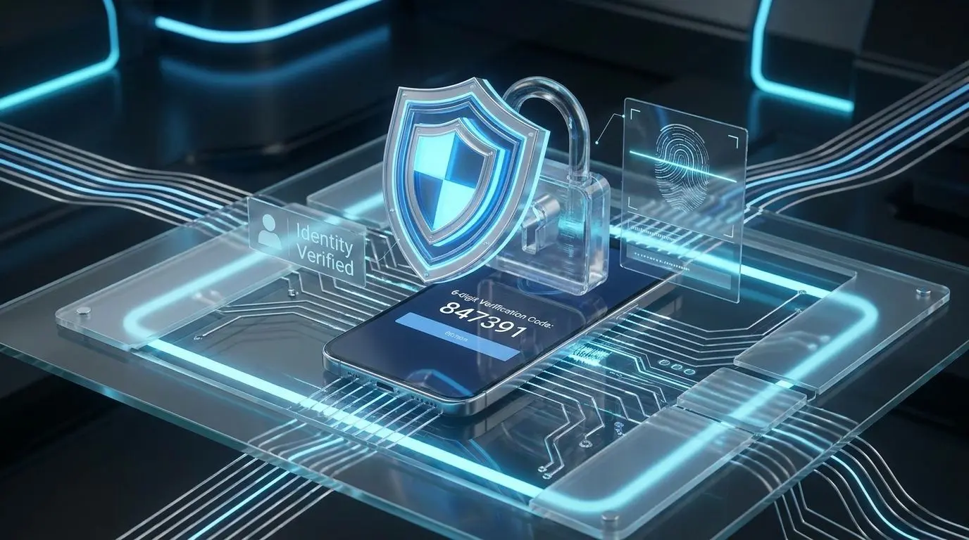 Security layers for account login Digital account security visual with shield, lock and two-factor authentication