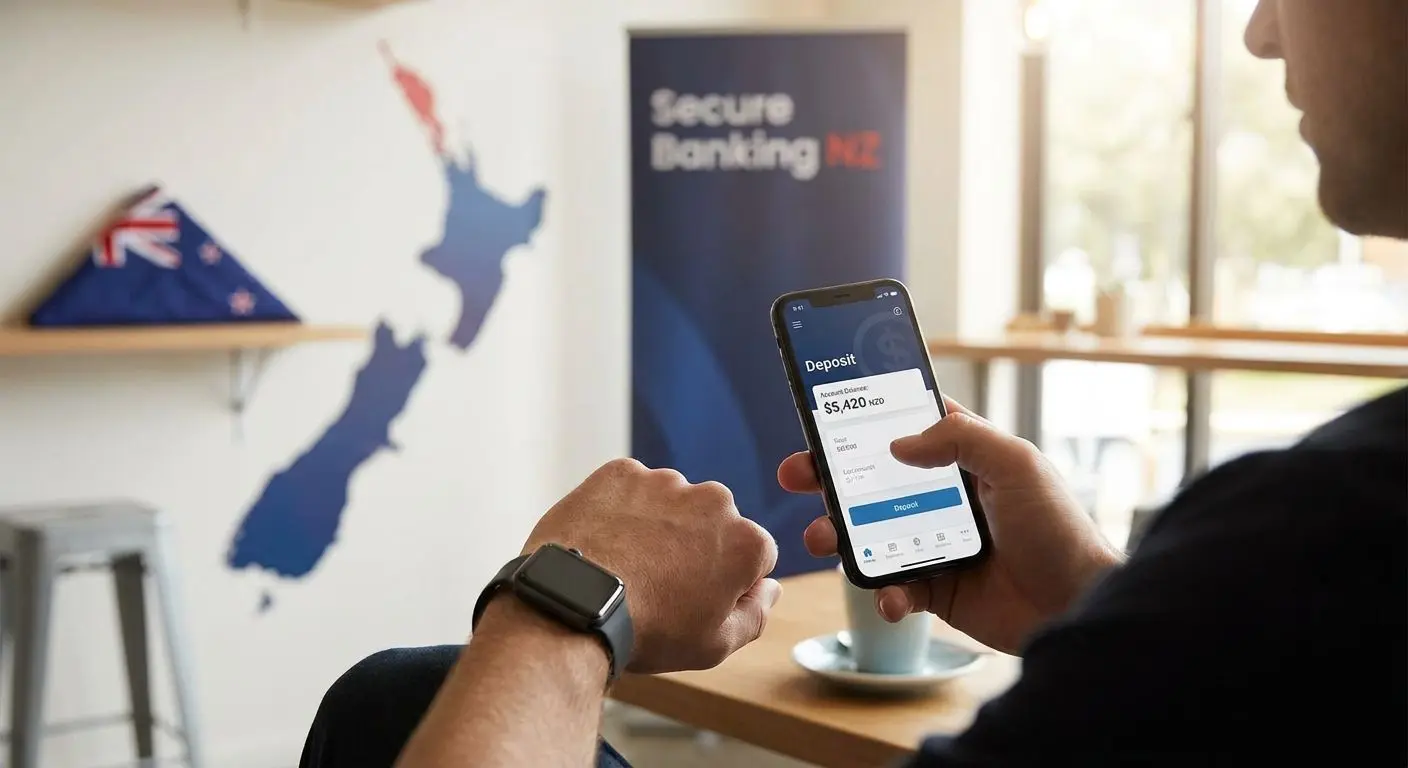 Mobile deposit interface with New Zealand themed background