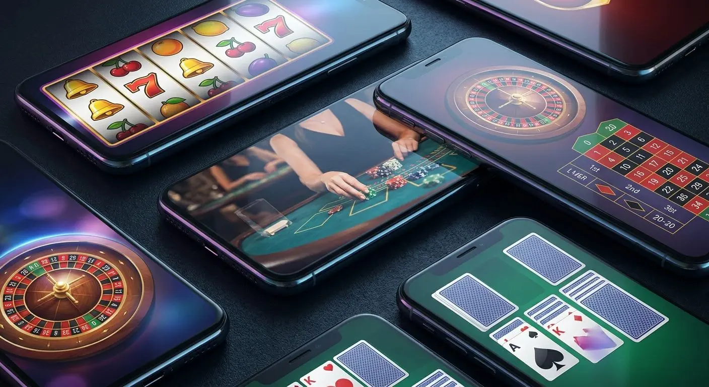 Collage of mobile game categories including slots, live tables and roulette