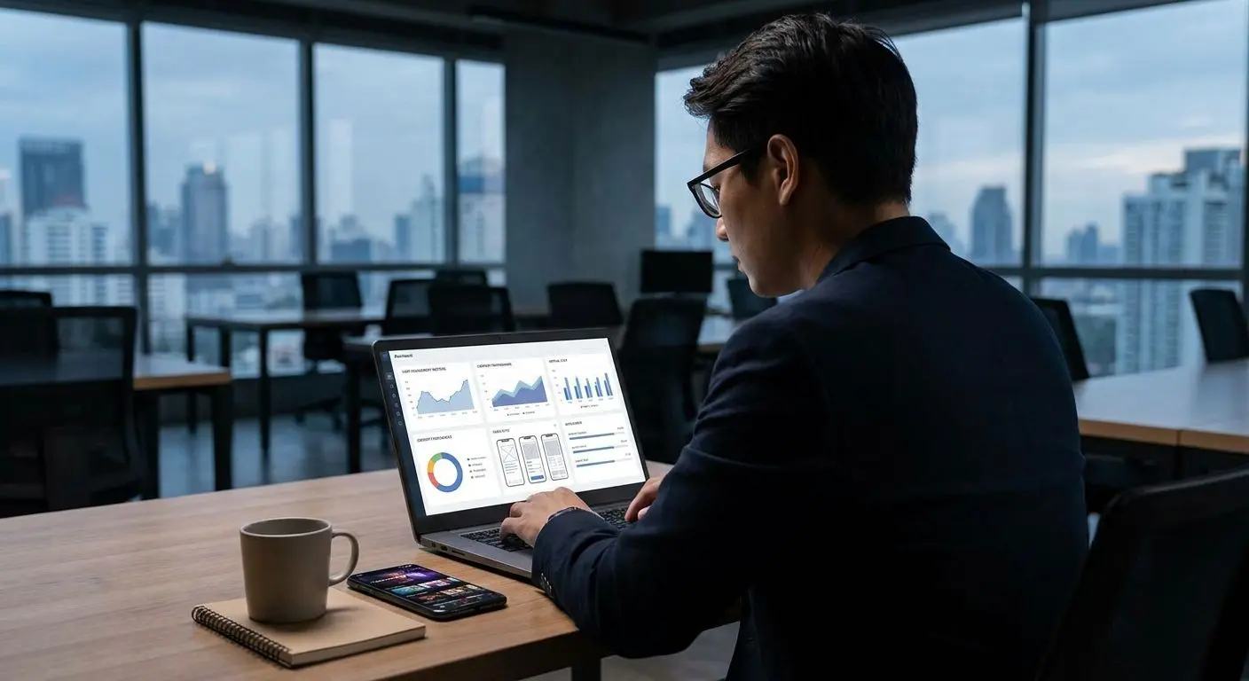 Analyst reviewing mobile platform performance on laptop and phone