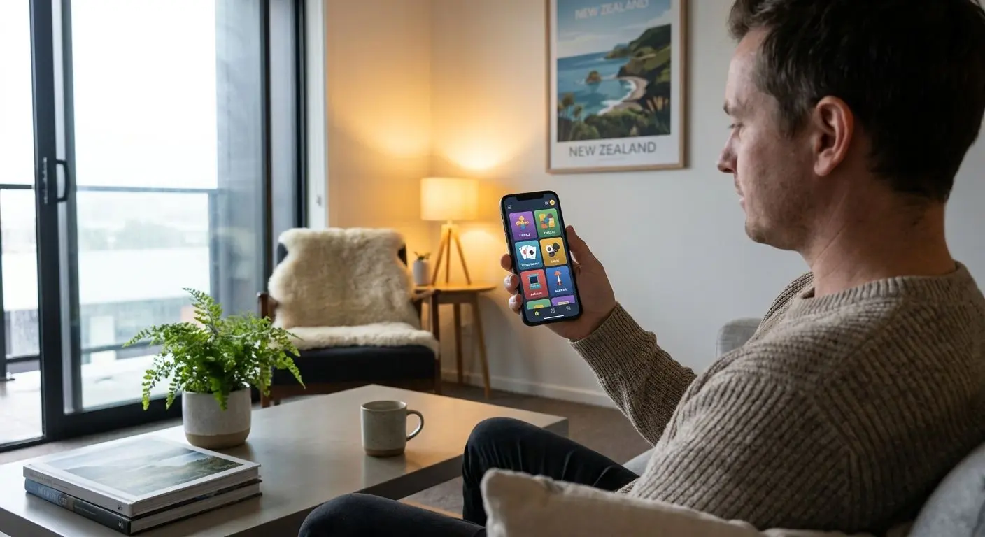 Player holding a phone with a mobile gaming lobby open in a modern interior
