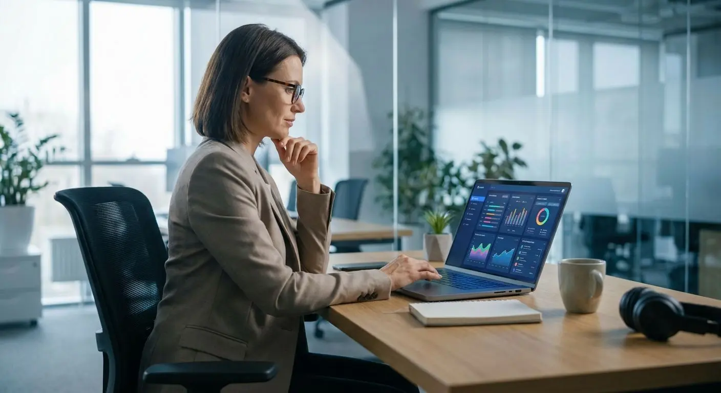 Fictional gaming content analyst working on a laptop