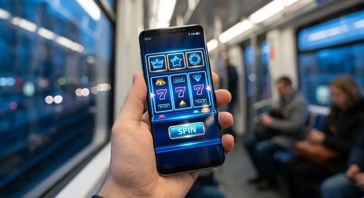 Smartphone showing mobile slot-style games on the go