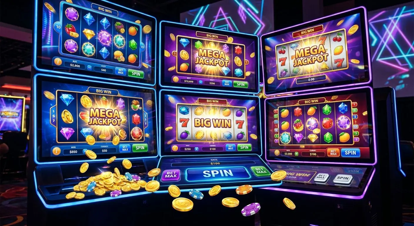 Colourful collage of modern online slot-style game screens