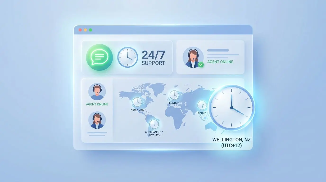 24/7 support availability graphic highlighting New Zealand time zone