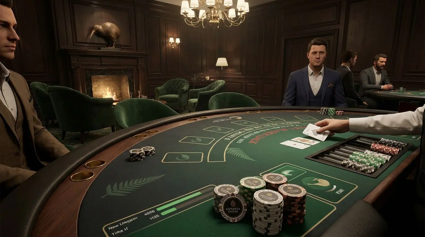 Blackjack table scene with cards and chips and subtle New Zealand details