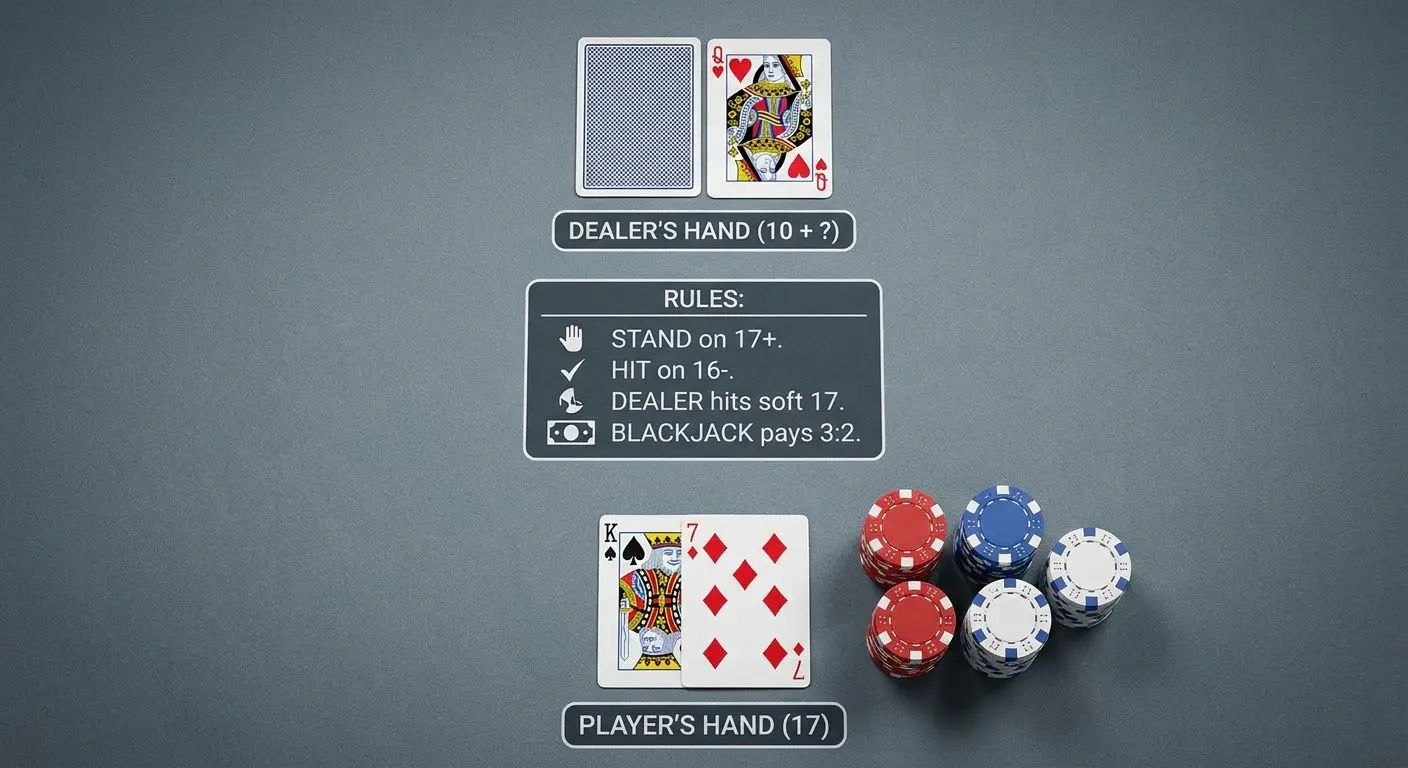 Blackjack hand diagram showing player and dealer cards with basic rule layout