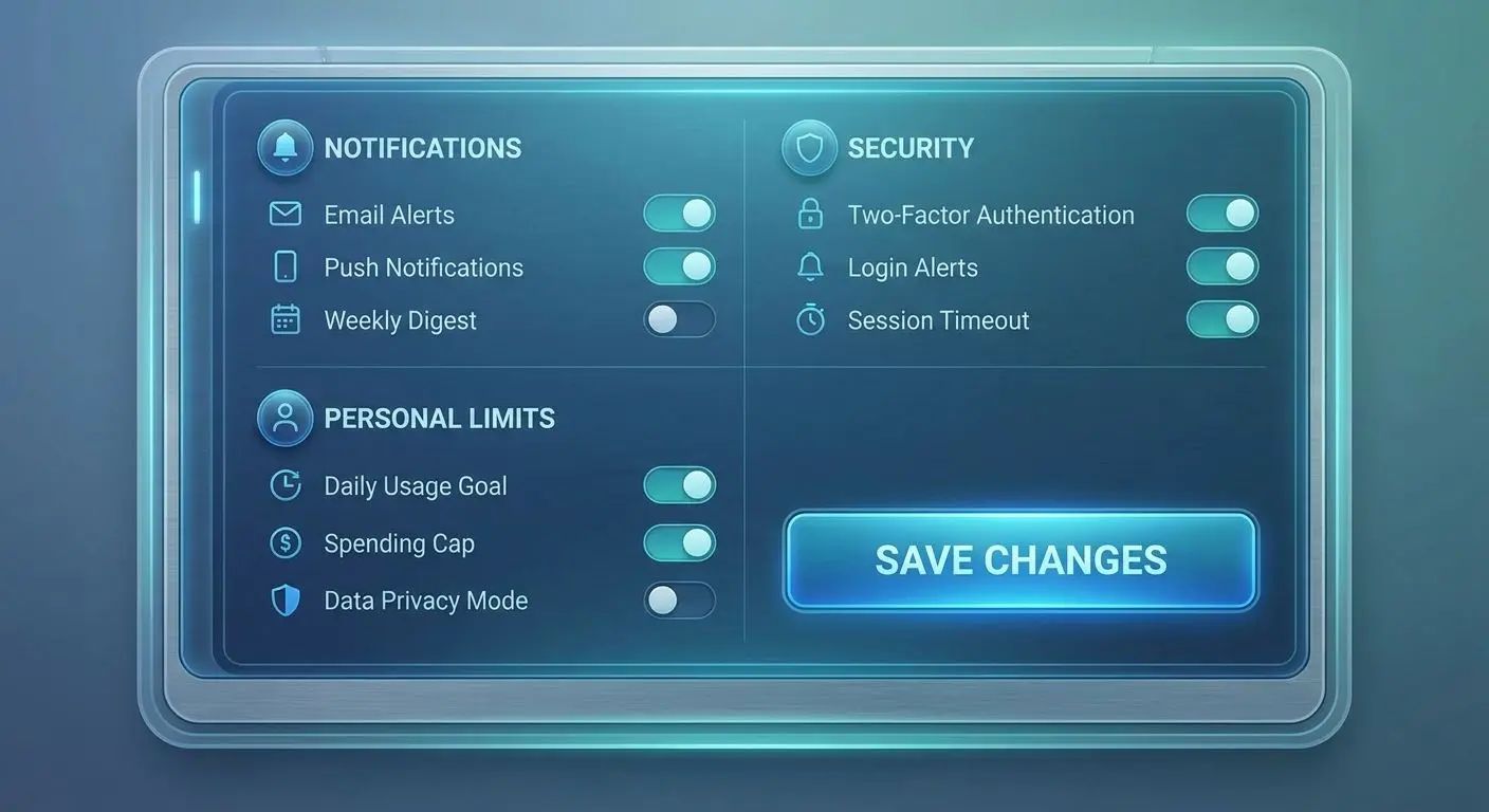 Account settings panel with security and notification controls