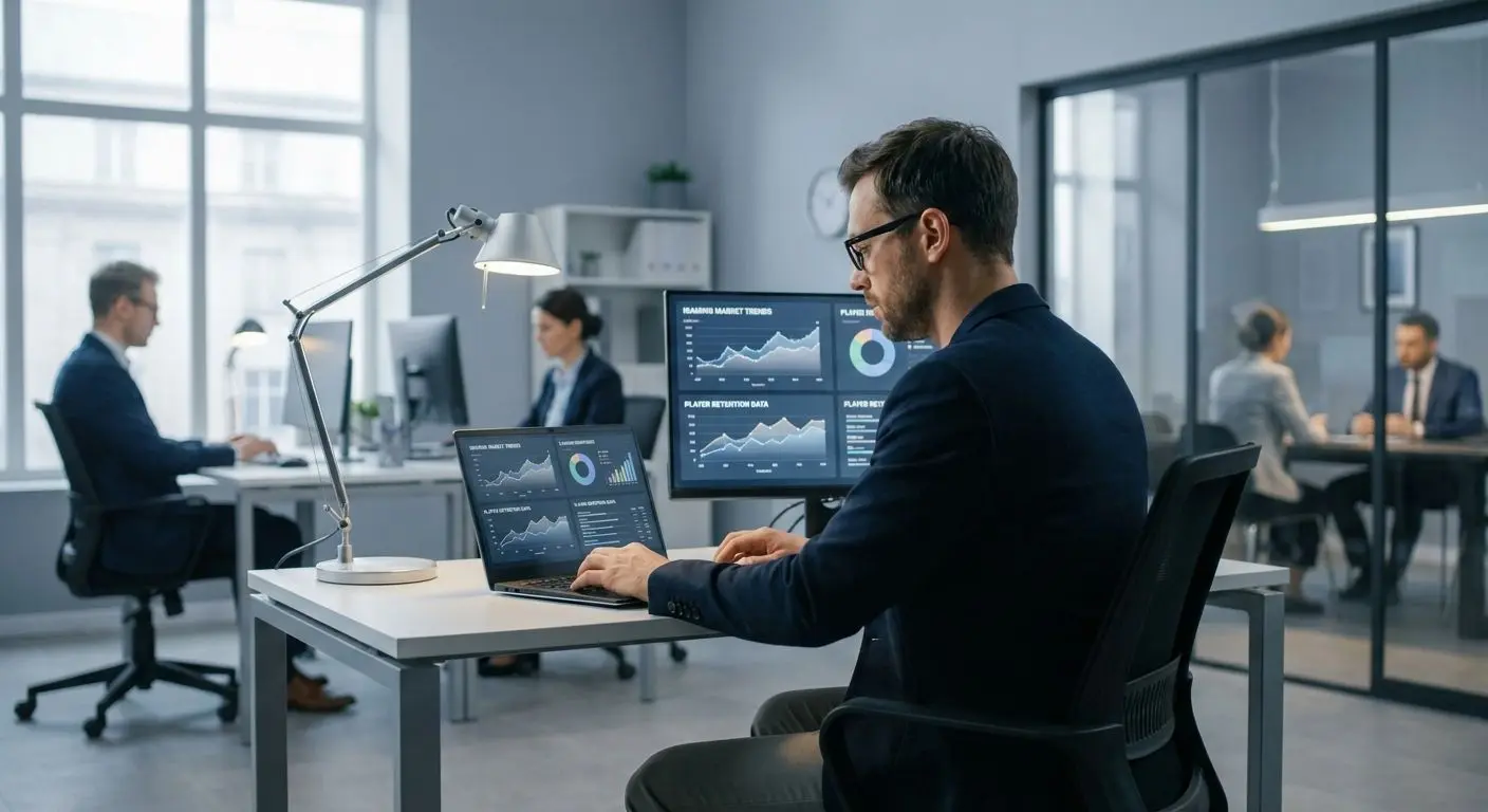 Fictional iGaming analyst reviewing VIP programme data on a laptop