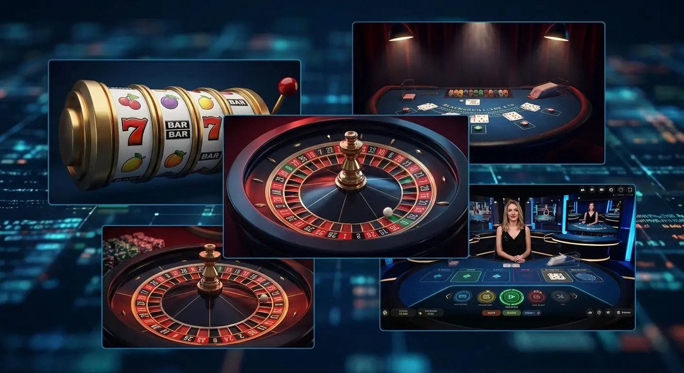 Collage of slots, roulette, blackjack and live-style games for bonus play