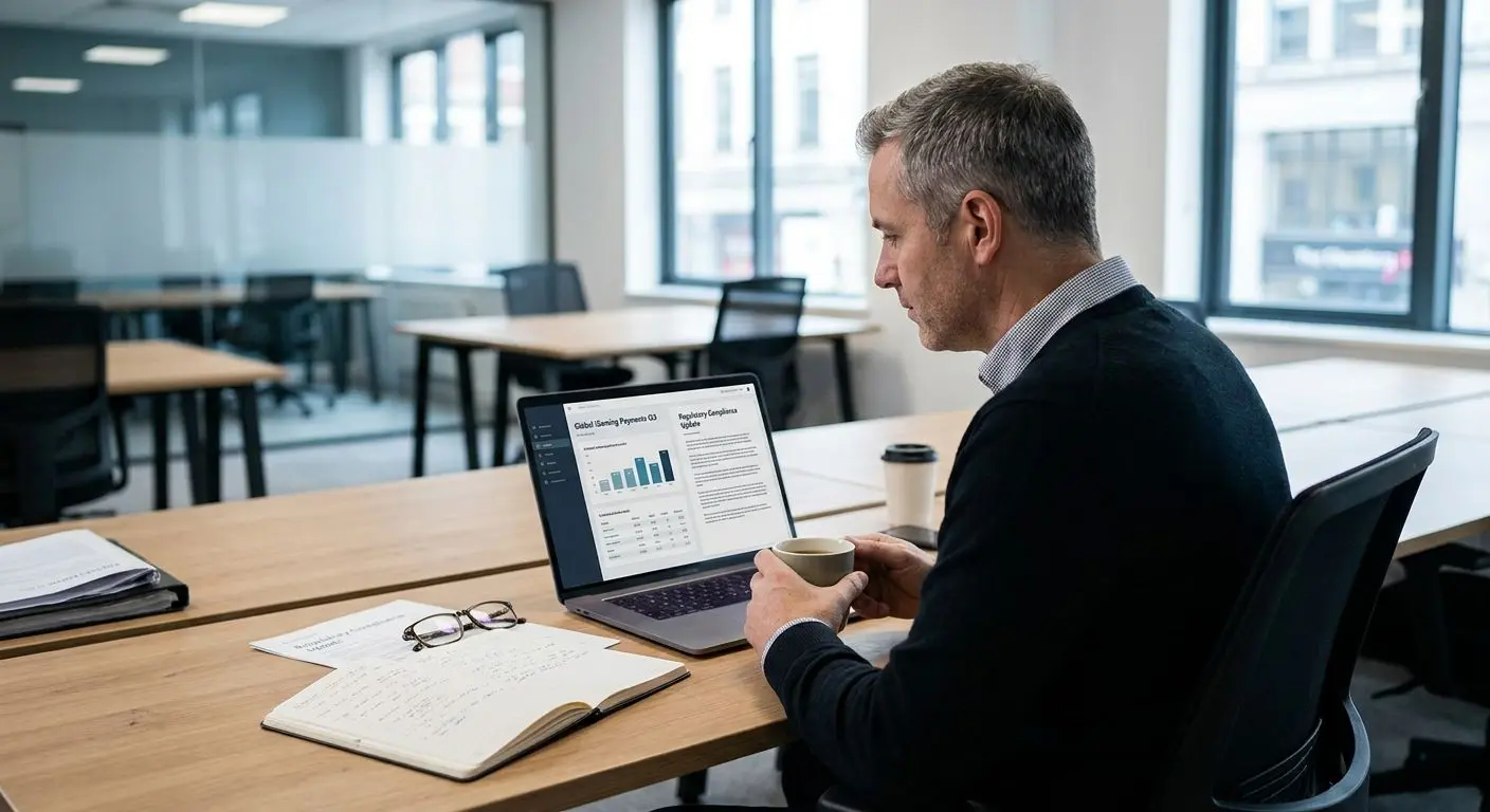 Expert analysing payout data on laptop